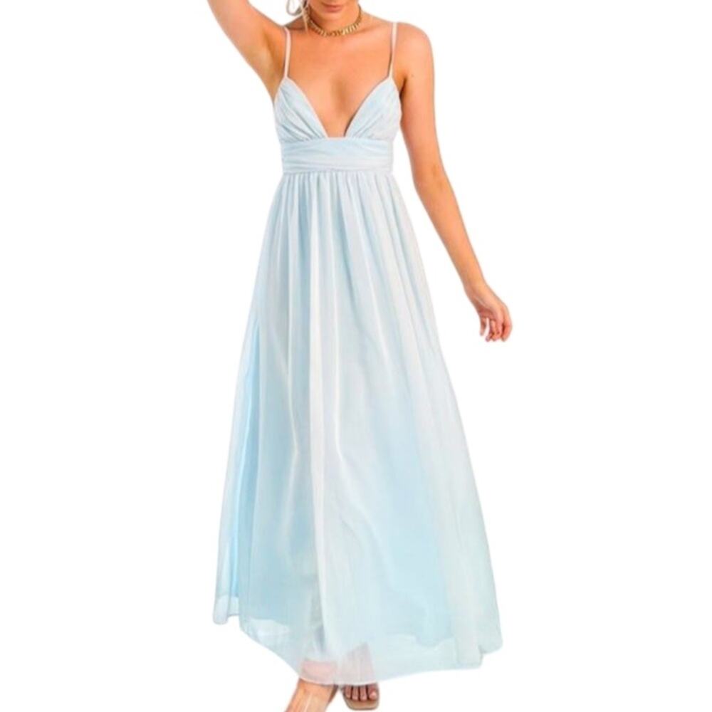 Beginning Boutique Ebony Blue Chiffon Spaghetti Strap V-Neck Maxi Dress - 8